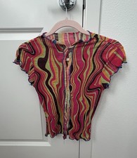 Knit Abstract Multicolor Tie Front Cropped Blouse Ruffle Short Cap Sleeve