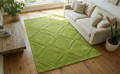 Hand Tufted Wool Rug, Green Geometric Pattern, Textured High Low Pile Chartreuse