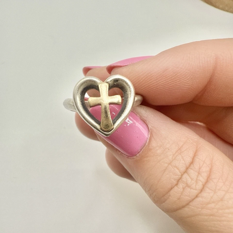 RETIRED & RARE James Avery Sterling Silver and 14kt Gold Cross Heart Ring Sz 5 - Image 4 of 4