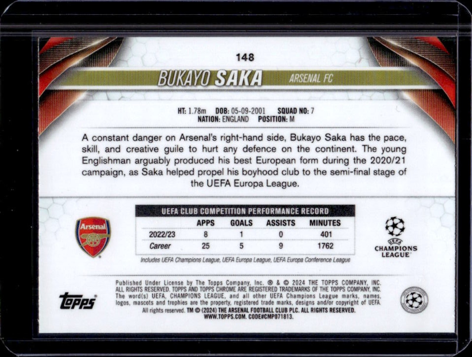 2023-24 Topps Chrome UEFA Bukayo Saka Magenta Prism Refractor X Fractor #/99 view 2