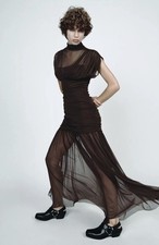 ZARA BNWT 2025. CHOCOLATE DRAPED CONTRAST TULLE MIDI DRESS. 4772/252 SIZE XS