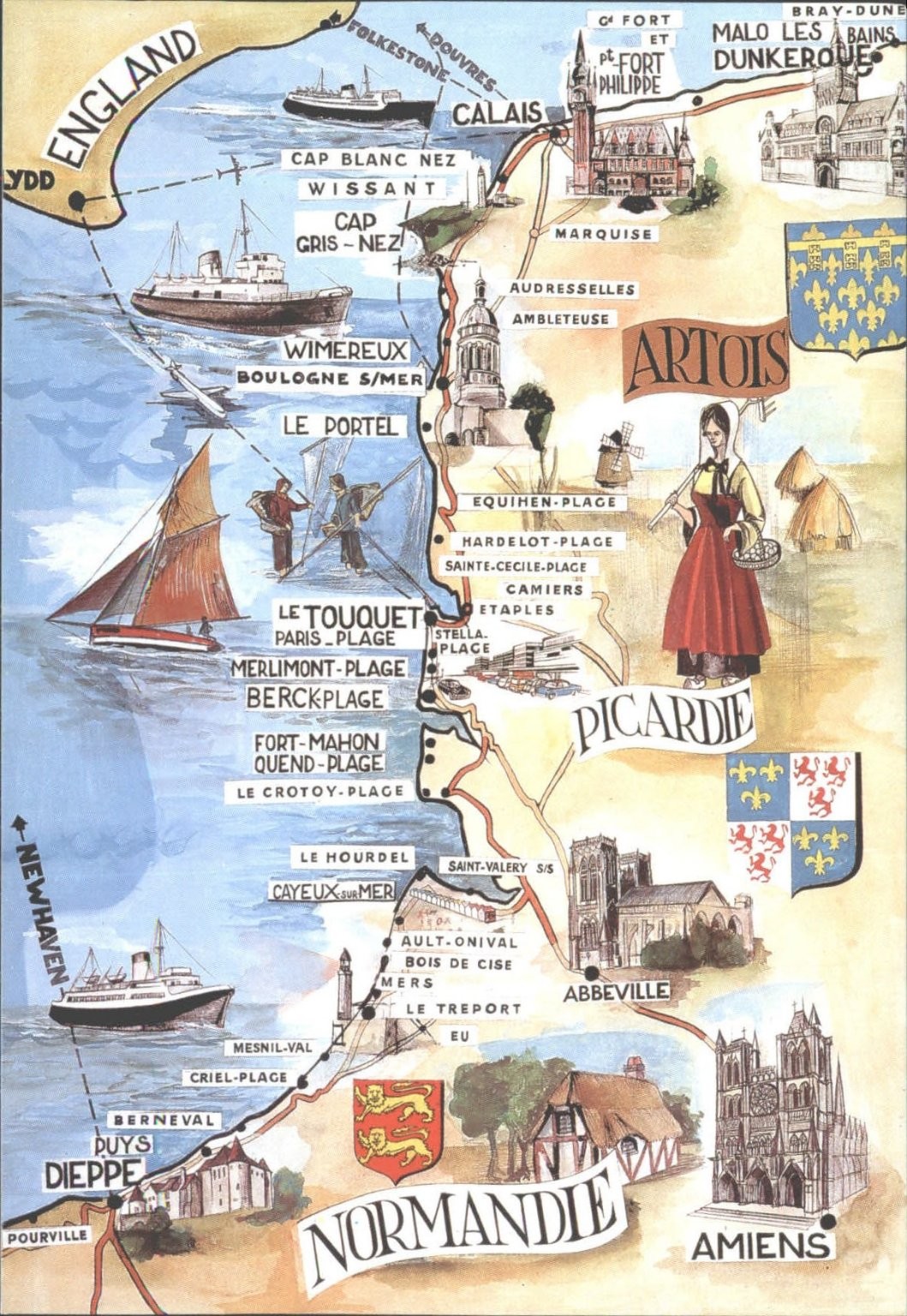 Vintage Map Postcard England France Northern Coast Artois Picardie Normandie