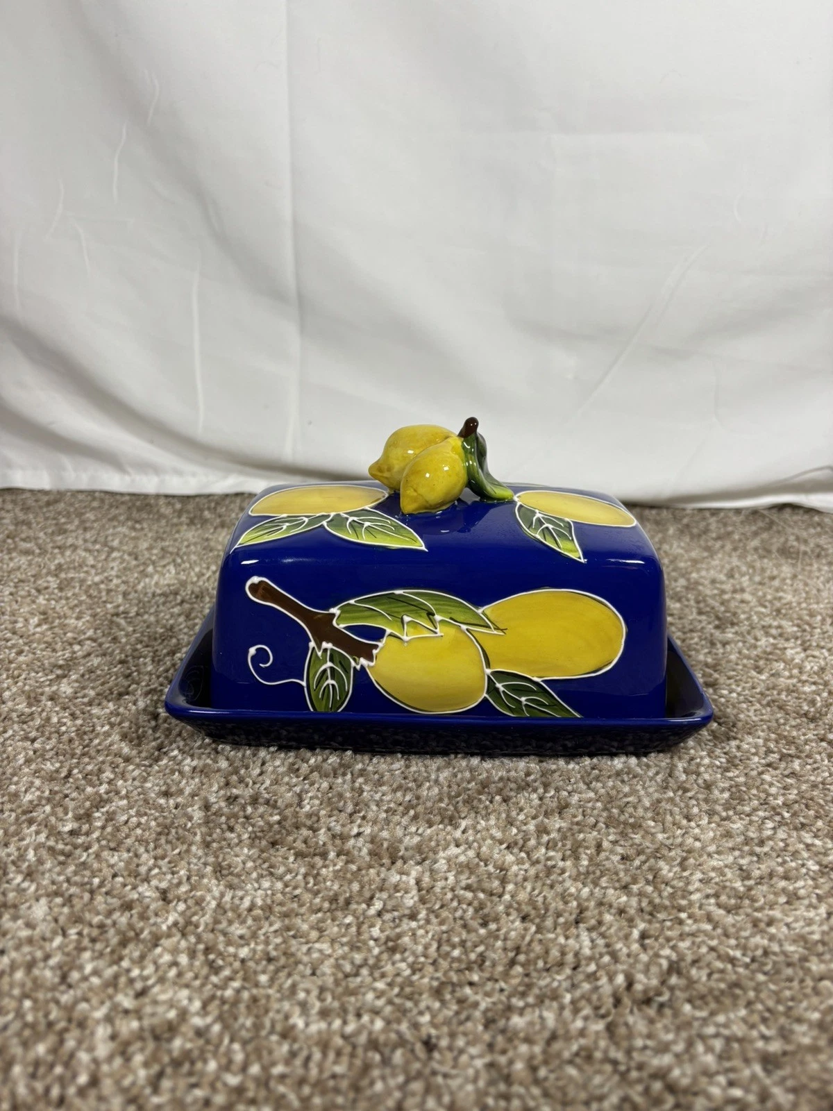 Blue Sky Clayworks Heather Goldminc Covered Ceramic Butter Dish Lemon Blue