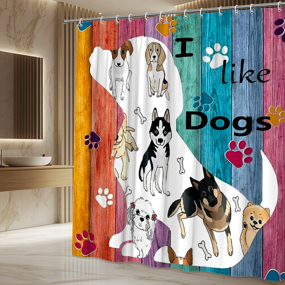 Divertida cortina de ducha silueta de perro con estampados de patas y adorables diseños de mascotas Foto 4 de 4