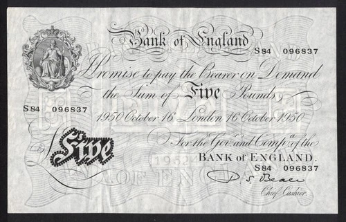 GB KGVI - BEALE B270 - WHITE £5 FIVE POUNDS BANKNOTE - LONDON 16 OCTOBER 1950