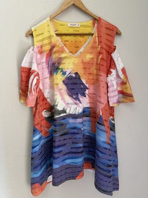 Jess & Jane Tunic Top Blouse XL Cold Shoulder Geometric Artsy Lagenlook Colorful