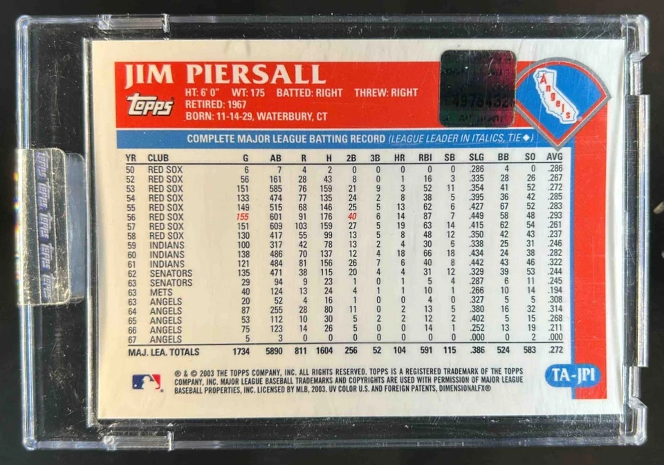 2003 Topps Retired Signature Edition Jim Piersall Auto #TA-JPI Angels - Image 2 of 2