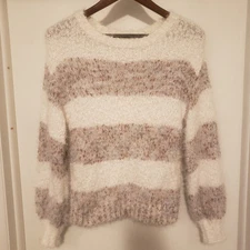 Maurice’s Women’s White Fuzzy Sweater Brown Stripes Size XS Soft Cozy Warm