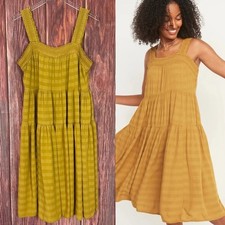 Old Navy Womens Mustard Yellow Tiered Midi Dress Smocked Strap Size Large L 
