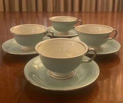 Vintage Castleton Turquoise China Platinum Trim Footed Cup & Saucer Set of 4