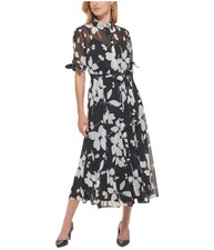 Calvin Klein Womens Printed Overlay Shirt Dress, Black, Plus Size, 18W