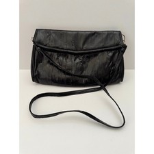 VINTAGE Eel Skin Women Crossbody Bag Black Leather Pleated Foldover Clutch