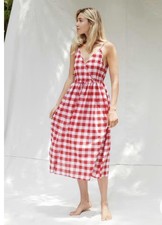 Christy Dawn Lincoln Red White Checkered Gingham Dress V-neck Size L Midi