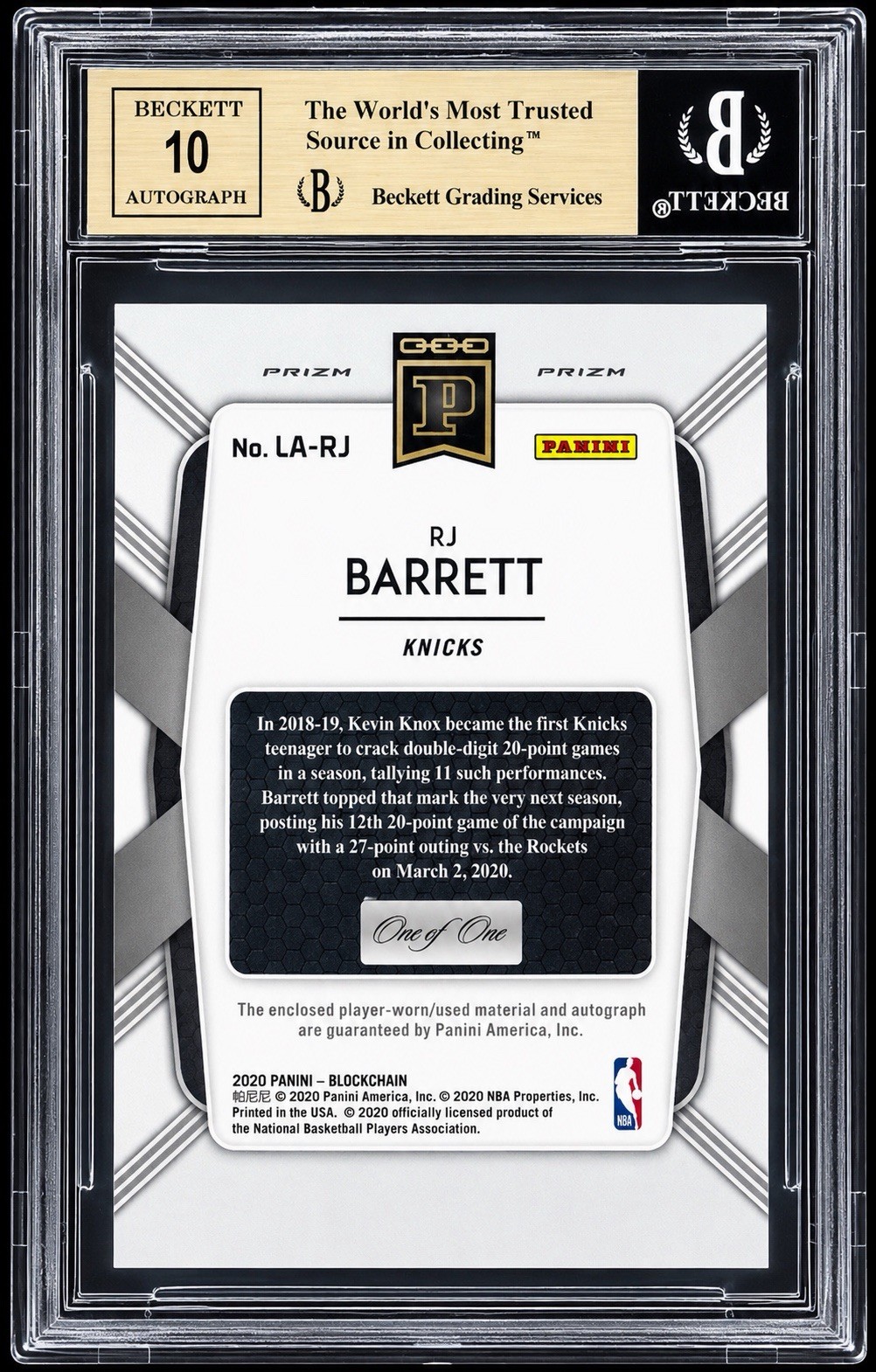 2019 Panini Blockchain Prizm RJ Barrett NBA Logoman Auto Gold Vinyl 1/1 BGS 9.5 view 2