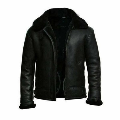 B3 RAF Black Aviator Flying Bomber Men's FUR Shearling Real Leather Jacket Coat
