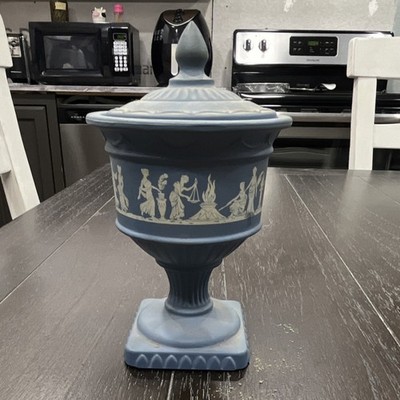 Avon Blue & White Ceramic Greek Style Figural Lidded Urn, Matte Finish, 5''