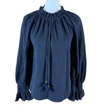 Figue Lianna Navy Organic Cotton Ruffle Tassel Top XS Boho Luxe Cottagecore