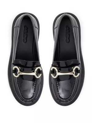ALDO Black Platform Loafers with Gold Patent Accent Preppy Women Size 9