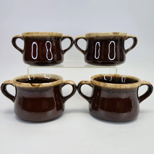 4 McCoy Brown Drip Two Handle Glaze French Onion Chili Soup Bowls Mugs Vintage