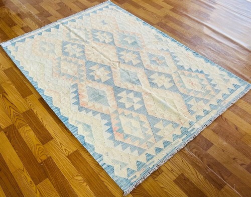 Alfombras Kilim de lana hechas a mano azul claro nómada afganas antiguas de colección 151x206 cm - Imagen 4 de 8