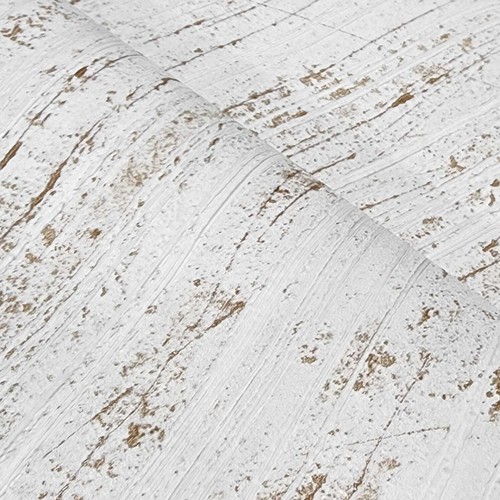 Off white metallic cracks lines faux distressed plaster wallpaper with smooth curved panels and textured wood grain pattern.