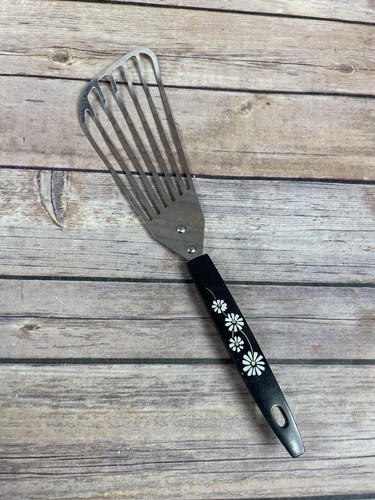 Vintage Black Handle Strainer Fish Spatula Turner Daisy Pattern USA Ekco Like
