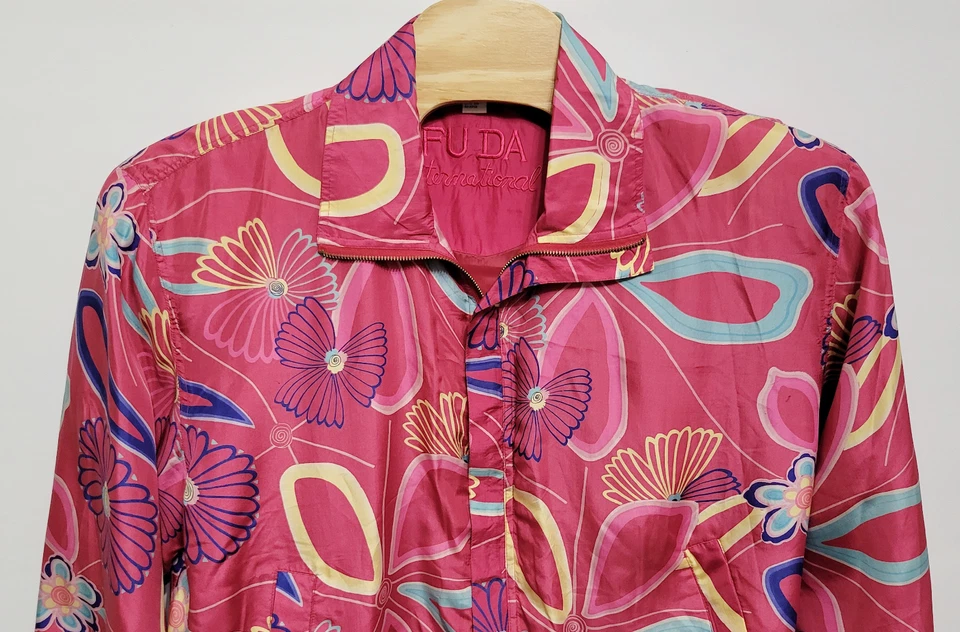 Chaqueta FUDA International Seda Cremallera Completa Rosa Púrpura Floral Flores De Colección Talla XL Foto 2 de 4