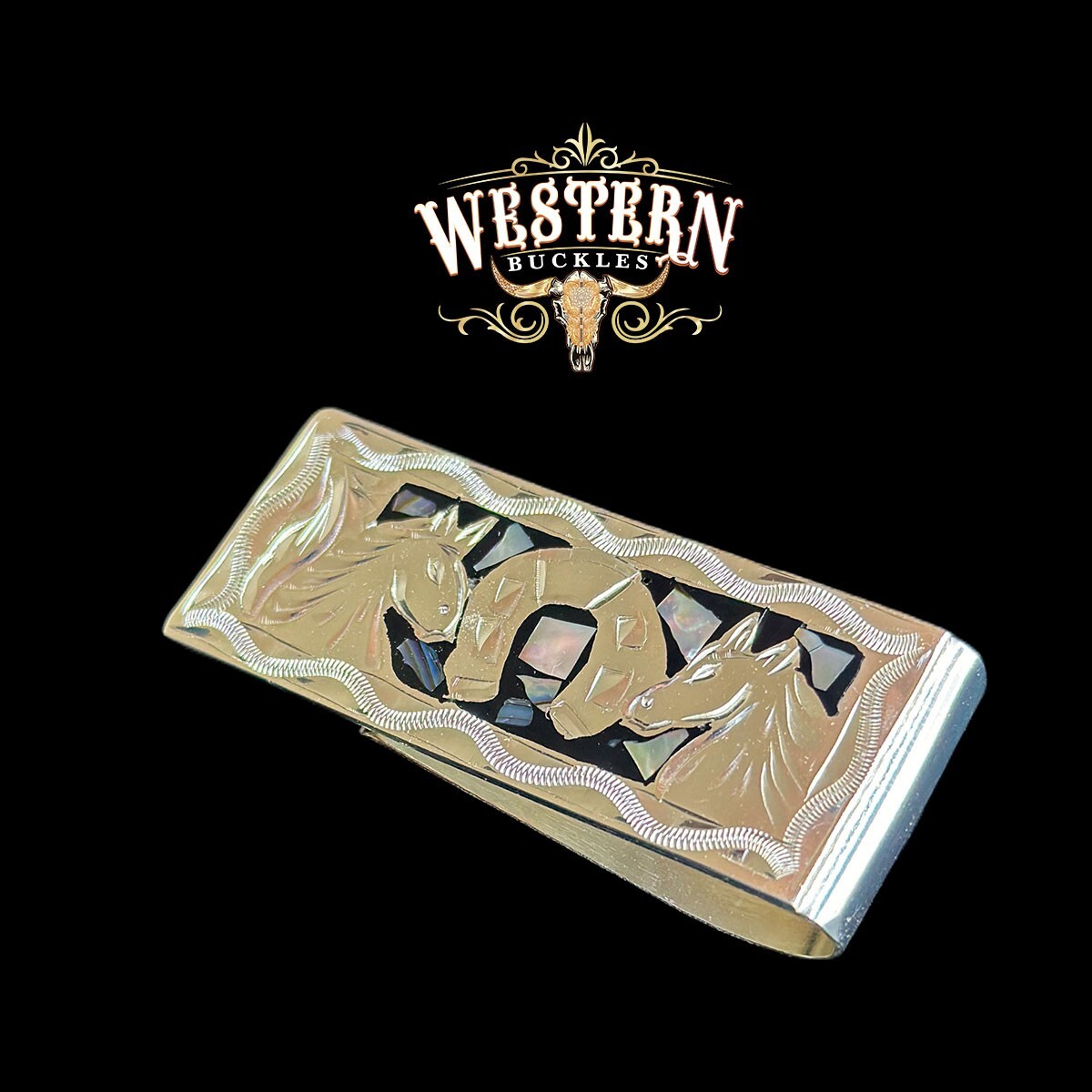 Silver Plated Money Clip with Black Resin Horse Design-image