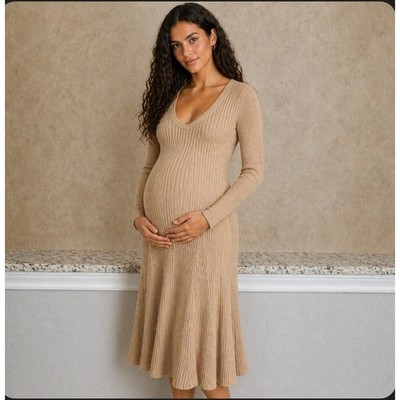 HATCH Dasha Ribbed Knit Midi Dress 2 Maternity Tan Scoop Long Sleeve Stretch