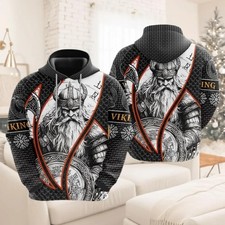 Viking Warrior Hoodie, Norse God Odin Ax Shield Art, Black  White Battle Print