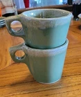Set Of 2 Vintage HULL Pottery Avocado Green DRIP GLAZE Coffee Mugs USA MCM