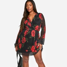 Boohoo Dark Floral Faux Wrap Dress Sheer Lomg Sleeve Size 10