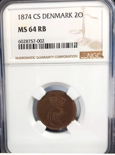 DENMARK 1874 2 ORE NGC MS 64 RB