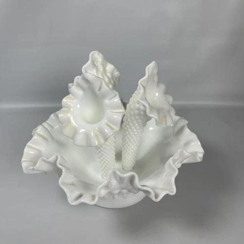 Vintage Fenton Hobnail Epergne 3-Horn White Milk Glass Trumpet Vase Bowl