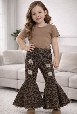 Girls Leopard Distressed Denim Bell Bottoms Pants Size 100 3-4years Cute