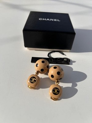 CHANEL Polka Dot Design Earrings Beige Black Coco Mark Logo Accessory W/Box