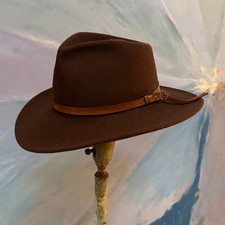 Vintage Dark Brown Wool Felt Fedora Hat Women USA Leather Band 21.5