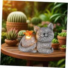 Solar Garden Statue with Butterfly Light 5-Inch Outdoor Resin Figurine Cat