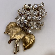 AS IS Signed CROWN TRIFARI Rhinestone Flower Branch Brooch Rhinestone Jewelry