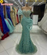 Mint Green Mermaid Evening Dresses Off Shoulder Lace Crystal Sequins Party Gowns