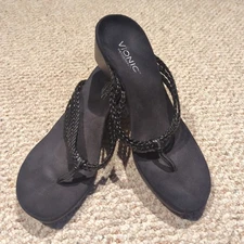 Vionic Ramba Wedge Thong Sandals Womens 9 Black Orthaheel Braided Strap