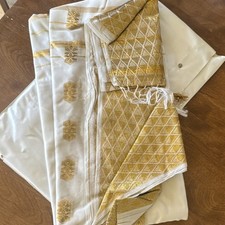 White and Gold Silk Blend Saree for Women, Traditional Indian Sari Free Size