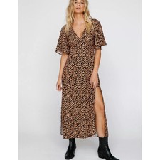 Nasty Gal  Boho Animal Print Angel Sleeve Tunic  Midi Dress Size 8 Tan Black 