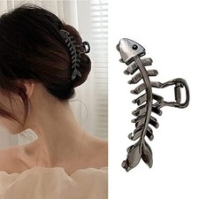 Hair Clip - Metal Black Fish Bone Shape Hair Clip - 4.3 inch - Black Fishbone