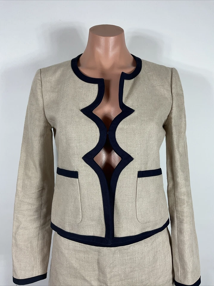 J Crew 100% Linen Scalloped Beige Navy Blue Trim Woven Suit Blazer Skirt Set 2pc - Image 3 of 4