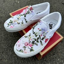 Red Pink and White Floral Theme Slip On Vans ...
