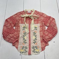March 11 Pink Floral Embroidered Tie Neck Puff Sleeve Blouse Women&rsquo;s Size XS