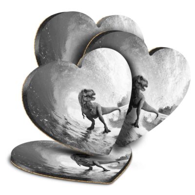 4x Herz MDF Untersetzer - BW - Surfender Dinosaurier T-Rex #35809