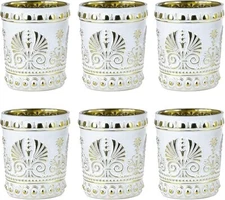 Sungmor Set of 6 Vintage Embossed 11 oz Drinking Glasses-White with Gold