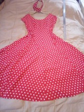 Rockabilly Pin Up Vtg Lace Up Fit Flare Dress Rayon Red Polka Dots 9-10 Headband